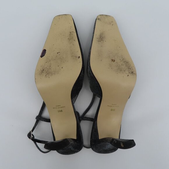 VTG Metaphor Women 9 M DAWN Black Silver Metallic Strappy Square Toe Heels Shoes - Picture 9 of 12